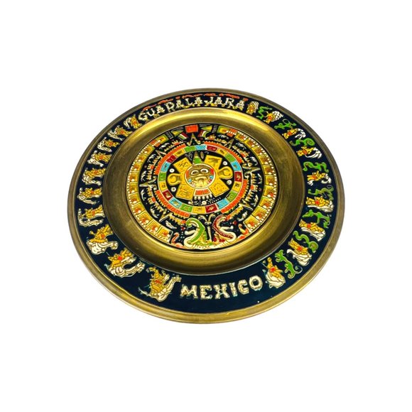 Vintage Guadalajara Mexico Decorative Brass Aztec Calendar Plate 11" - Picture 2 of 12